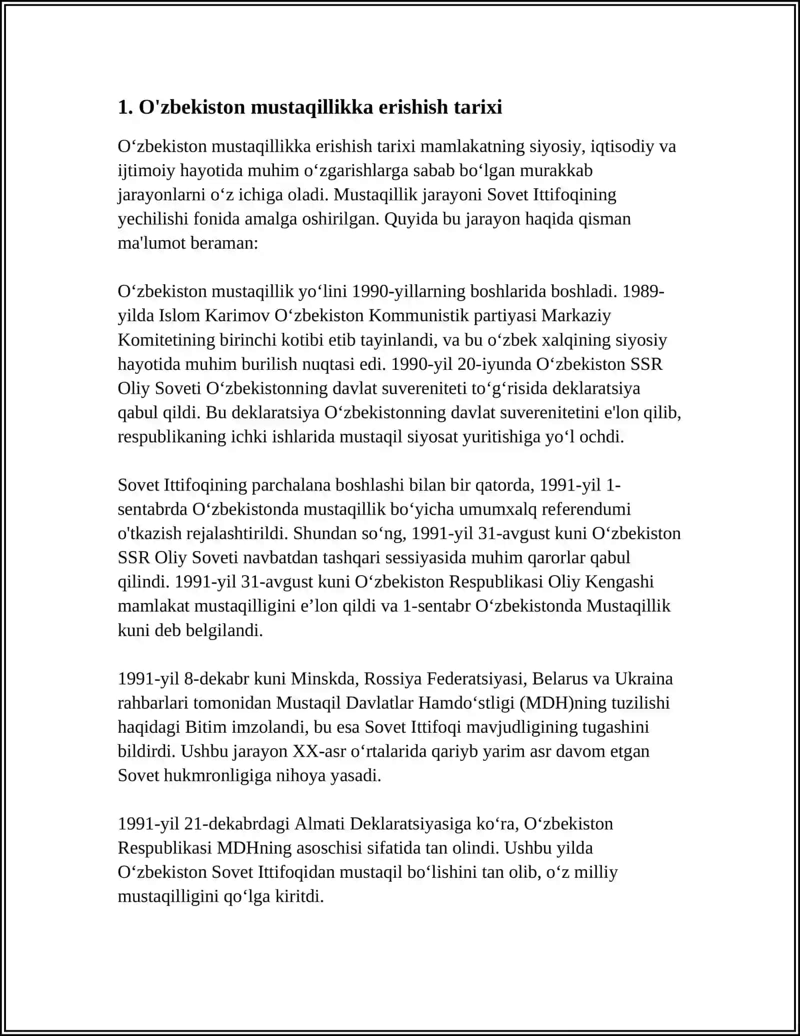 O'ZBEKISTONDA DAVLAT MUSTAQILLIGINING QO'LGA KIRITILISHI, HUQUQIY DEMOKRATIK DAVLAT VA FUQAROLIK JAMIYATI ASOSLARINI BARPO ETISH BORASIDAGI ISLOHOTLAR 3