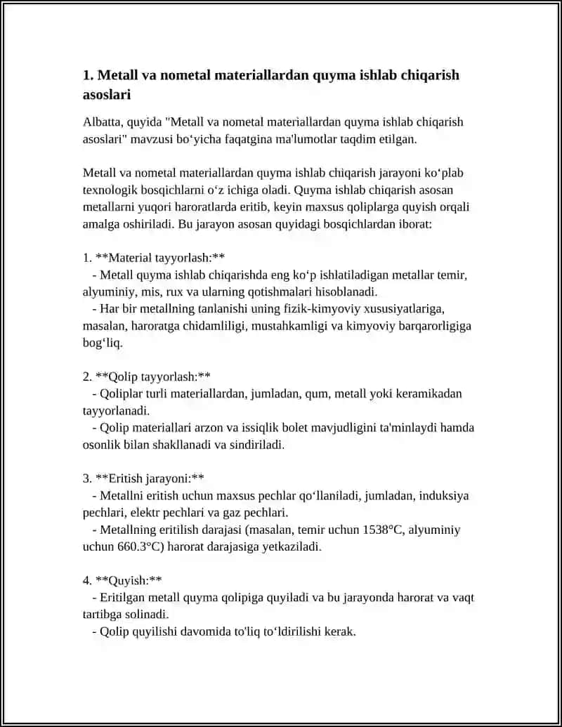 METAL VA NOMETAL MATERIALLARIDAN QUYMALAR TAYYORLAW TEXNALOGIYASI 3