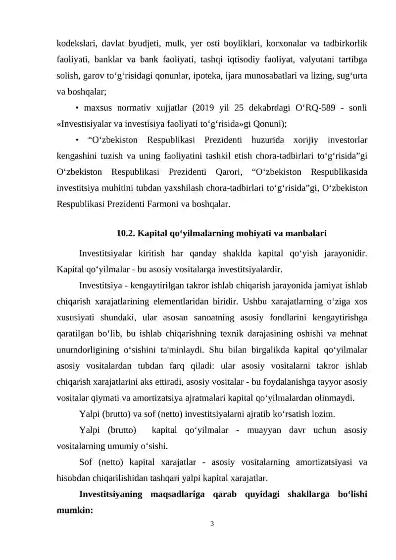 10-МАВЗУ. QISHLOQ XO‘JALIGIDA INVESTITSIYALAR VA ULARDAN FOYDALANISH SAMARADORLIGI 3