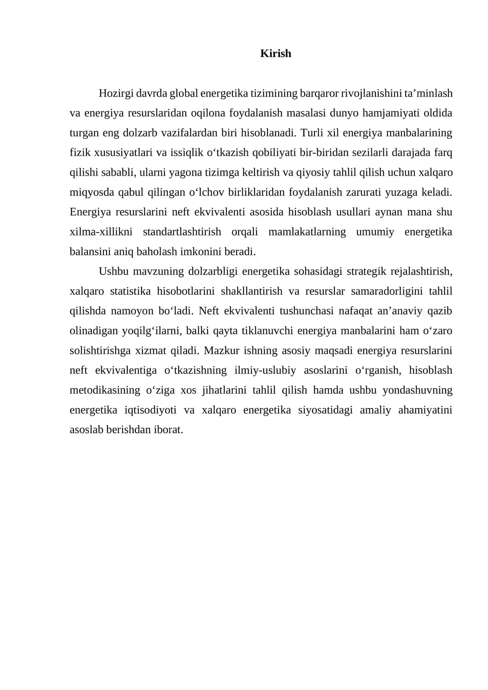 Energiya resurslarini neft ekvivalenti asosida hisoblash usullari va ularning amaliy ahamiyati nimada 3