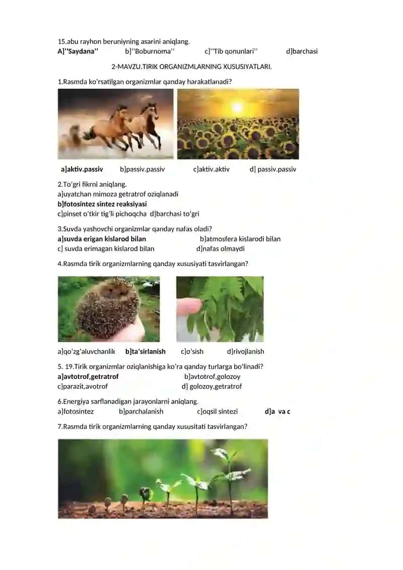 5-SINF BIOLOGIYA DARSLIGI ASOSIDA MAVZULASHTIRILGAN TESTLAR. 3
