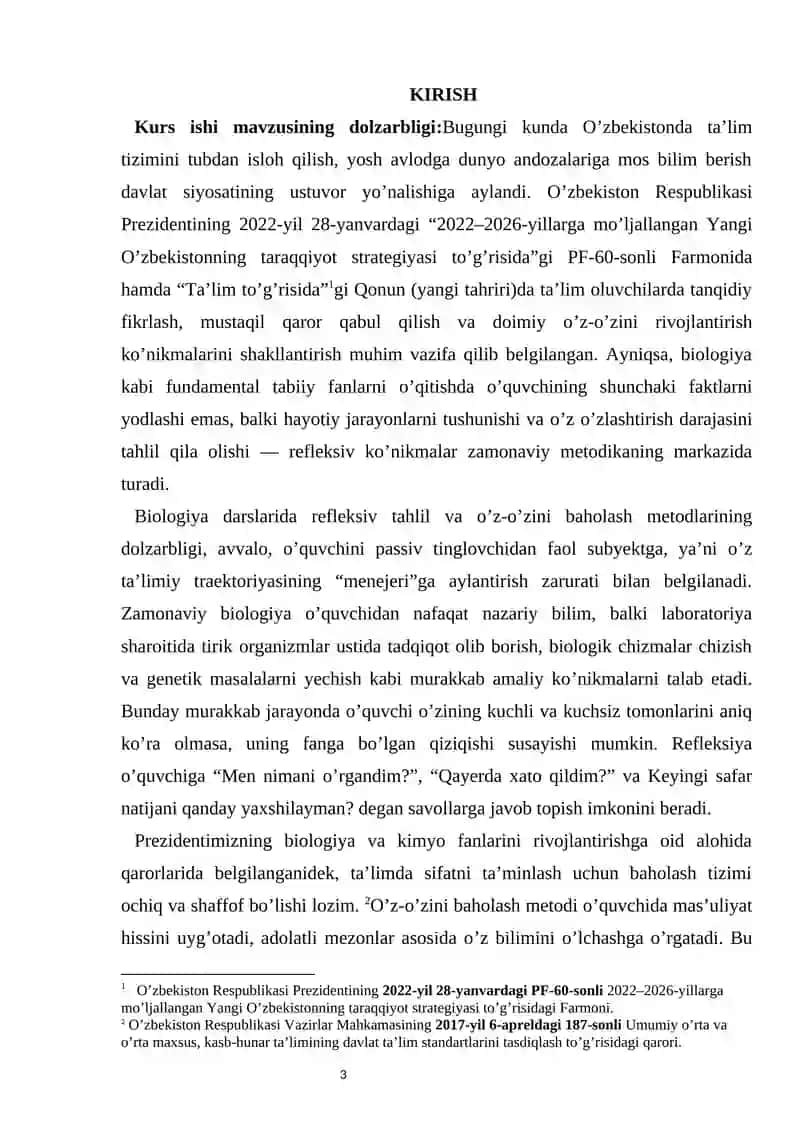 BIOLOGIYA DARSLARIDA REFLEKSIV TAHLIL VA O’Z-O’ZINI BAHOLASH kurs ishi 3
