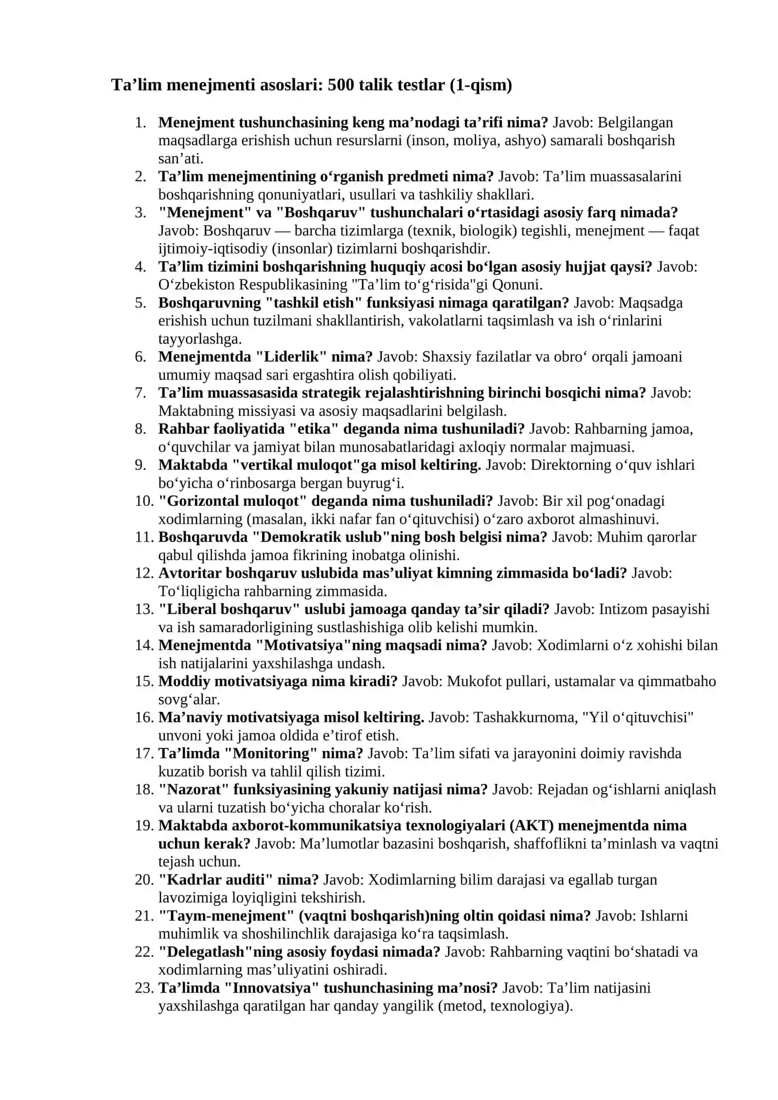 Maktab direktori bo‘lish uchun Menejerlik sertifikati imtihonlari uchun 500 ta eksklyuziv test (2026-yilgi yangilangan baza) 3