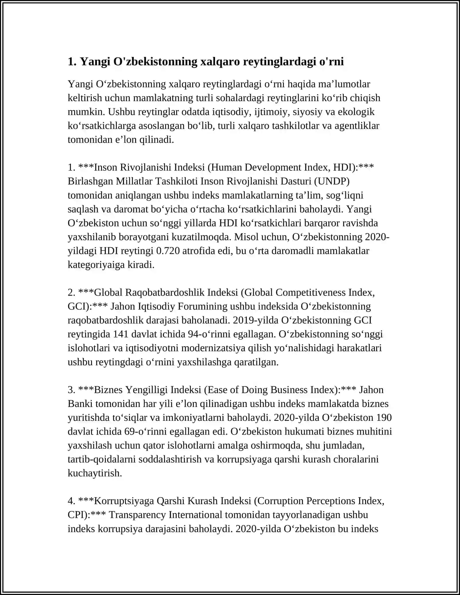 YANGI OʻZBEKIDTON IJTIMOIY-SIYOSIY, IQTISODIY VA MADANIY HAYOTIDA ROʻY BERAYOTGAN OʻZGARISHLARNING XALQARO REYTING VA INDEKSLARIDA AKS ETISHI 3
