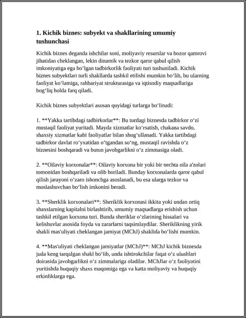 KICHIK BIZNES OBYEKTLARI SUBYEKTLARI VA SHAKLLARI 3