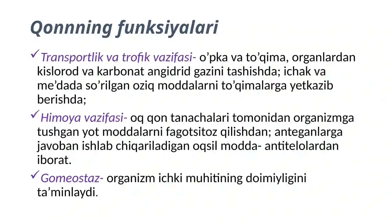 Qon va uning tarkibi, limfa. Siyrak to'lala biriktiruvchi to'qima 3