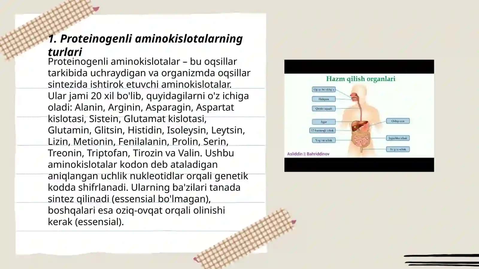 Proteinogenli aminokislotalar. Polipeptid zanjirlarining alfa va betta tuzilishi. Oqsil asosi tuzilmalari. Oqsillarning hazm bo'lishi 3