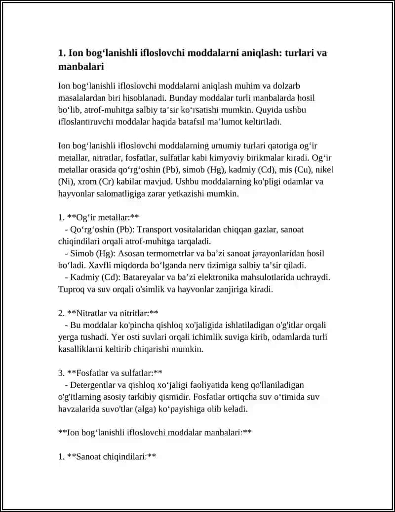 TUPROQ VA SUVNING IFLOSLANISHI ION BOGʻLANISHLI BIRIKMALARINI ANIQLAB ULARDAN TOZALASH USULINI ISHLAB CHIQARISH 3