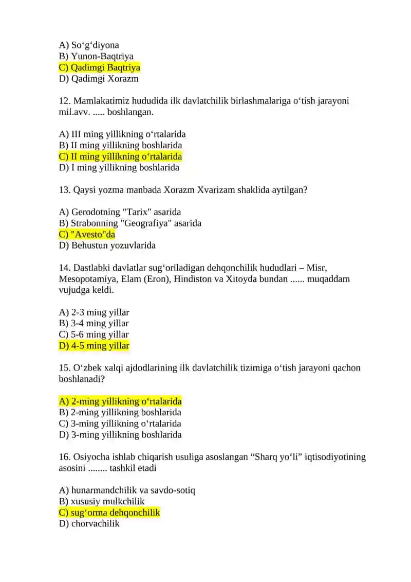 MARKAZIY OSIYO – JAHON SIVILIZATSIYASINING AJRALMAS QISMI Test savollari 3