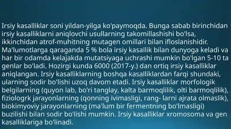 Irsiy kasalliklar.Xromosoma kasalliklari.Gen kasalliklari va irsiyatga moyil kasalliklar 3