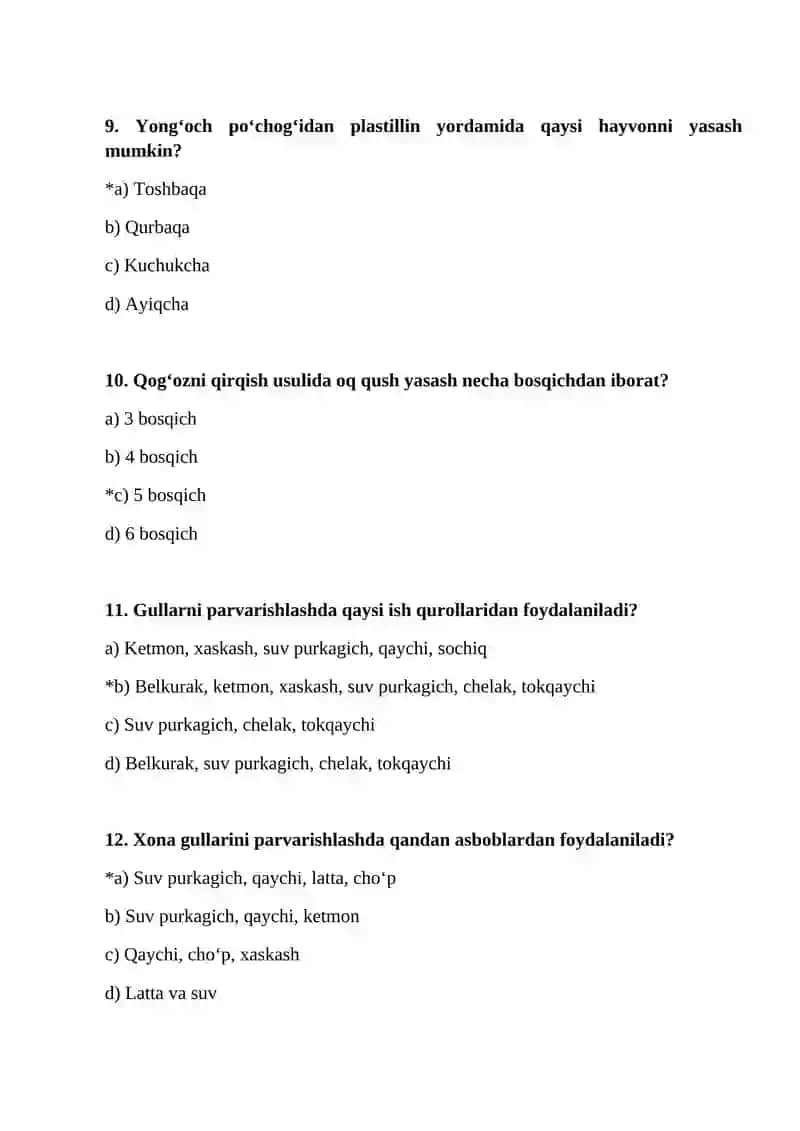 Boshlang‘ich ta`lim, sport va tarbiyaviy ish yo`nalishi 3-kurs sirtqi ta’lim shakli talabalari uchun VI semestr Texnologiya va o‘qtish metodikasi fanidan test savollari 3