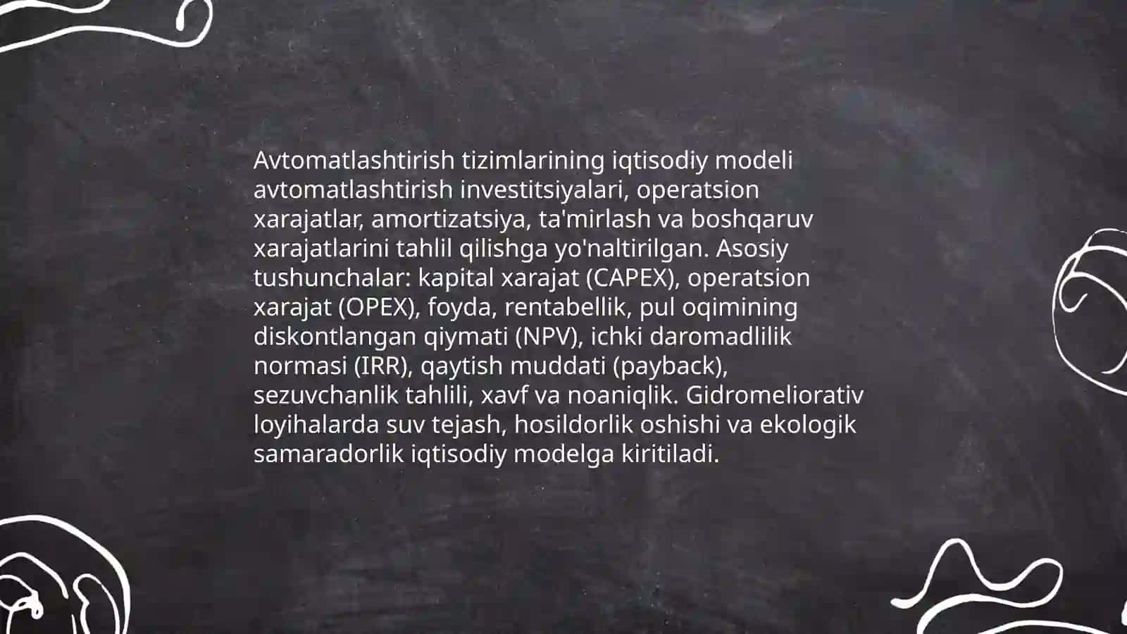 Avtomatlashtirish tizimlarining iqtisodiy modellari: Xarajat-foyda tahlili gidromeliorativ loyihalarda 3