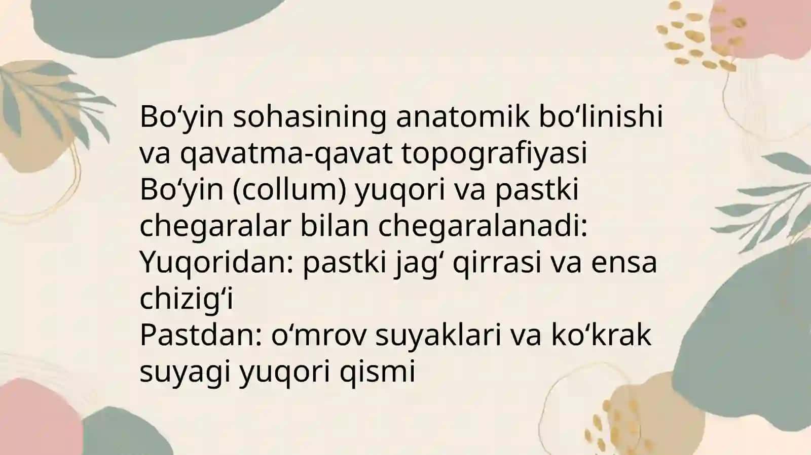 Bo'yin soxasining jarrohlik anatomiyasi: sohalarga bo'linishi, qavatma-qavat topografiyasi. Shevkunenko bo'yicha bo'yin fassiyalari, fassiyalararo bo'shliqlari, cho'ntaklari va ularning amaliy ahamiyati. Bo'yinning til osti suyagi ustki soxasi (jag' osti, iyak osti va Pirogov uchburchaklari). A.V.Vishnevskiy bo'yicha bo'yin vagosimpatik blokadasi. Bo'yin soxasidagi viringli jarayonlarda kesishlar 3