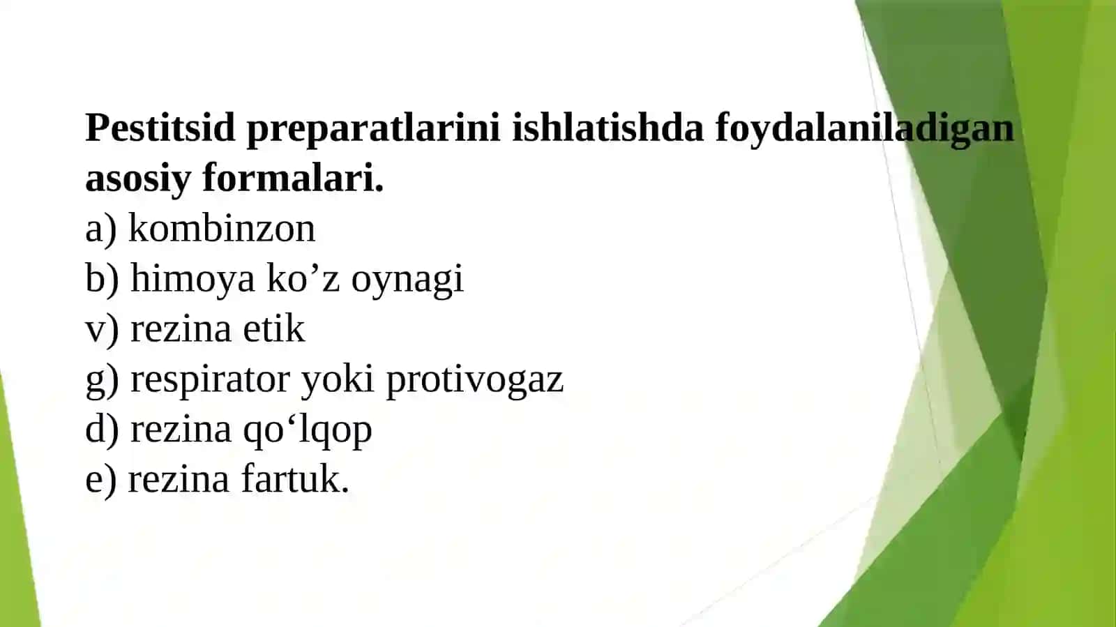 PESTITSIDLAR BILAN ISHLASHNI TASHKIL ETISH VA TEXNIKA XAVFSIZLIGI 3
