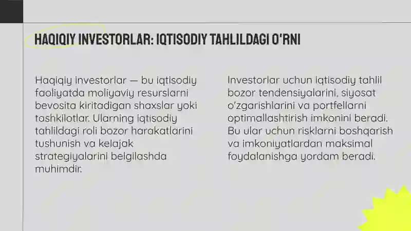 IQTISODIY TAHLIL  SUBYEKTLARI( HAQIQIY VA POTENSIAL INVESTORLAR, KREDITORLAR, MAHSULOT YETKAZIB BERUVCHILAR, XARIDORLAR, XODIMLAR, SHUNINGDEK HUKUMAT  MUASSASALARI, VAZIRLIKLAR, IDORALAR, JAMOATCHILIK VA BOSHQA MANFAATDOR FOYDALANUVCHILAR) VA ULARNING QIZIQISHLARI 3