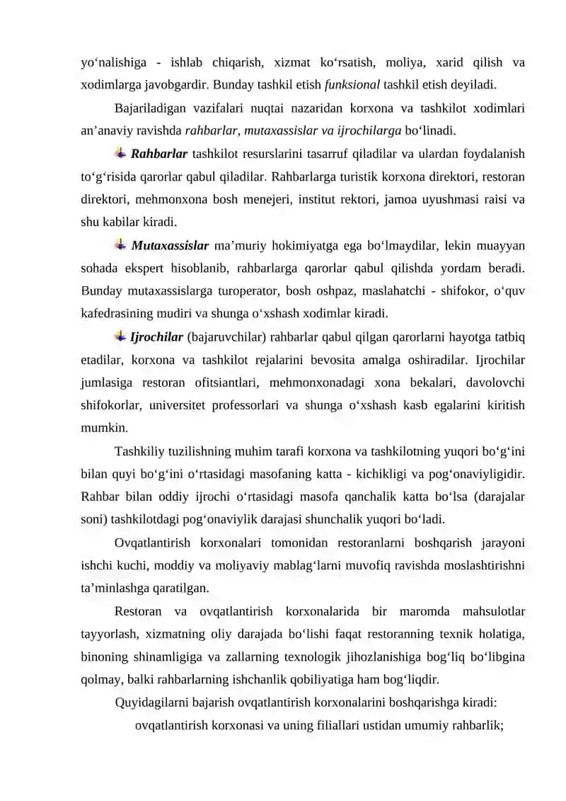 RESTORANLAR VA OVQATLANTIRISH KORXONALARINING TASHKILIY BOSHQARUV TUZILMASI 3
