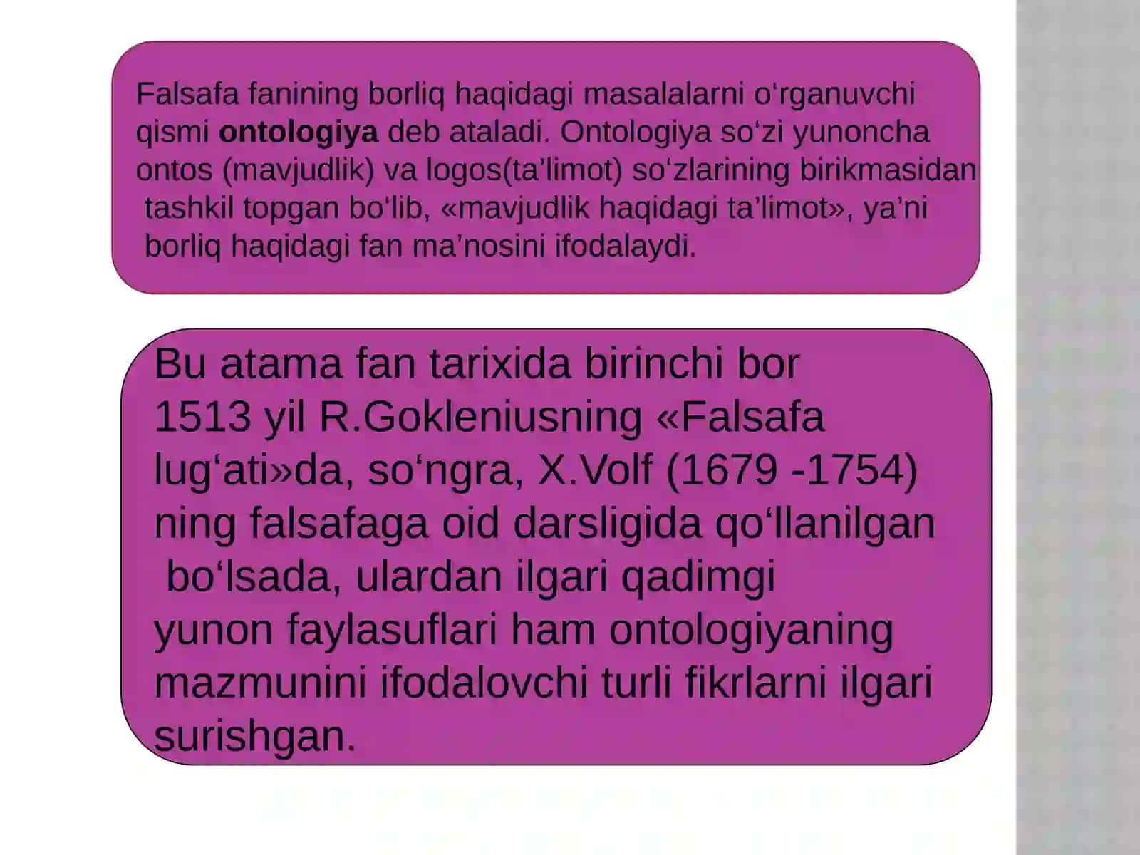Falsafa fanining borliq haqidagi masalalarni o‘rganish Ontologiya 3