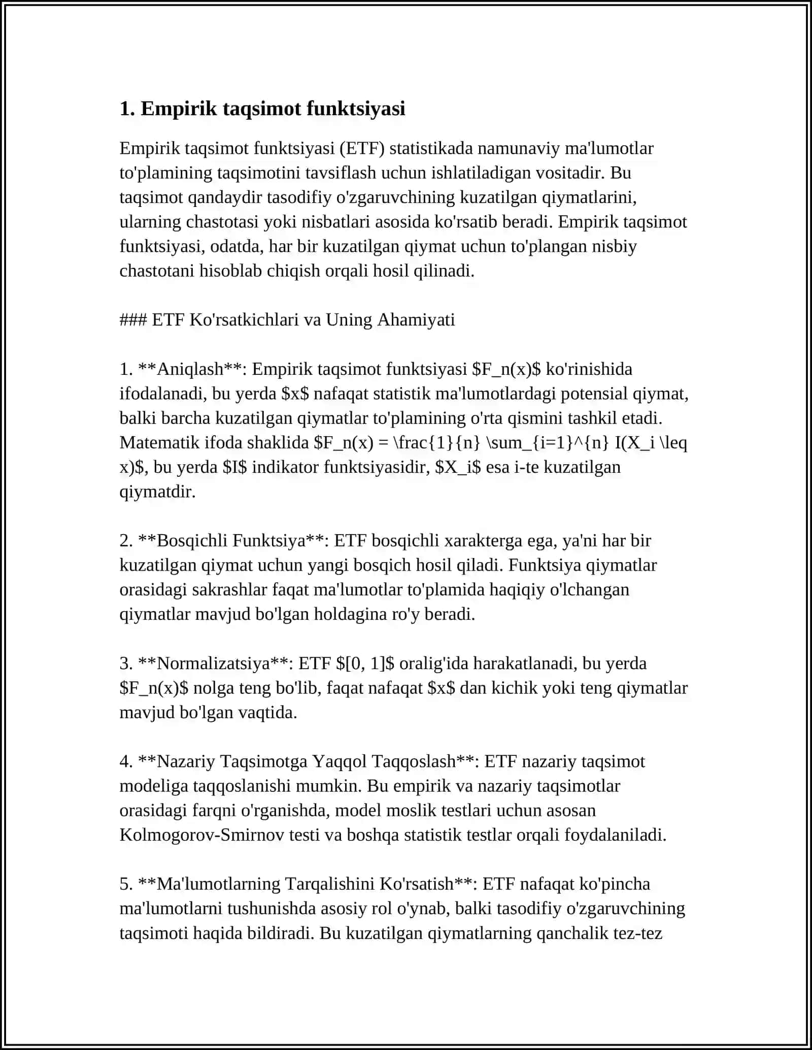 EMPIRIK TAQSIMOT FUNKSIYA VA UNING XOSSALARI.GLIVENKO-KANTELLI TEOREMASI.TANLANMA XARAKTERISTIKALARI 3