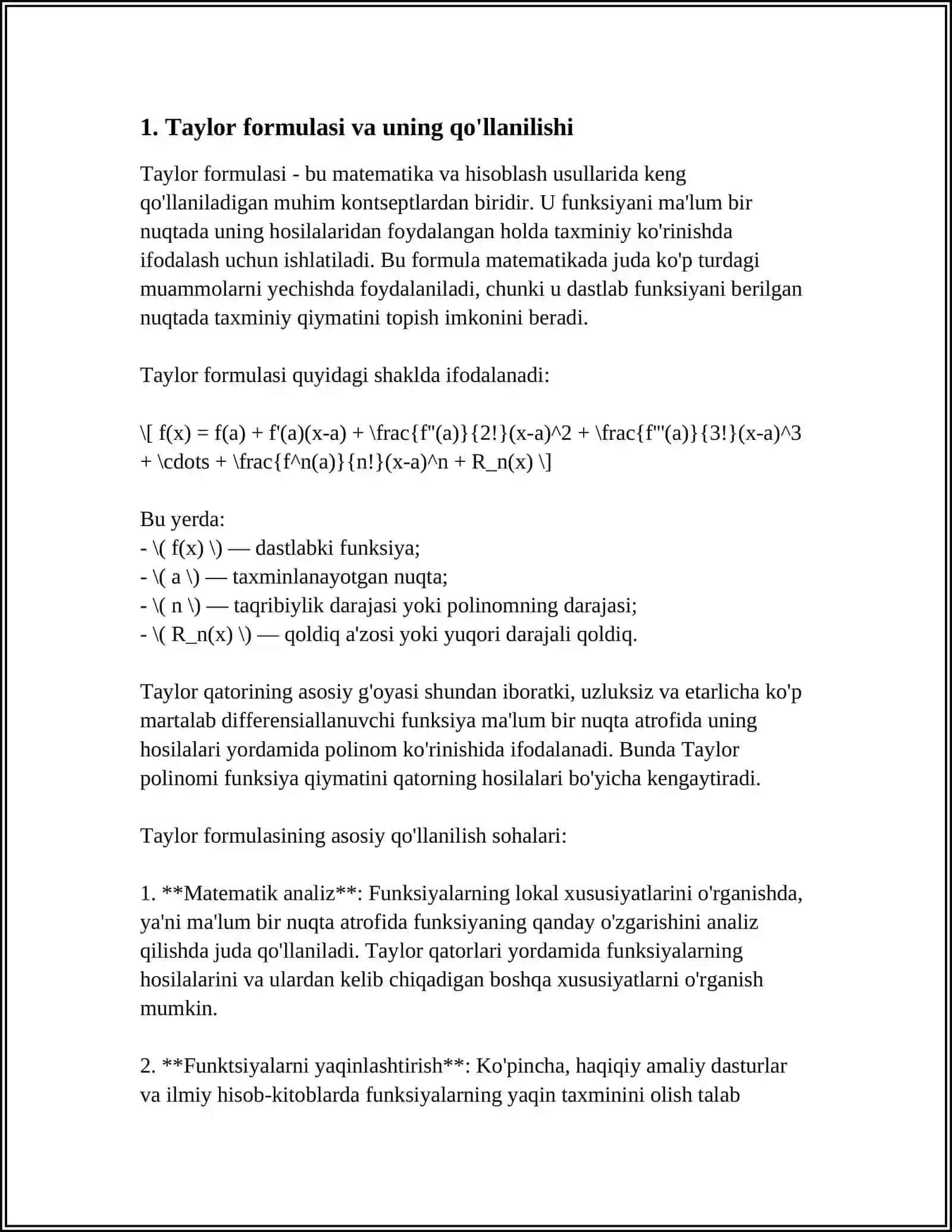 TEYLOR FORMULASI VA TEYLOR QATORI 3