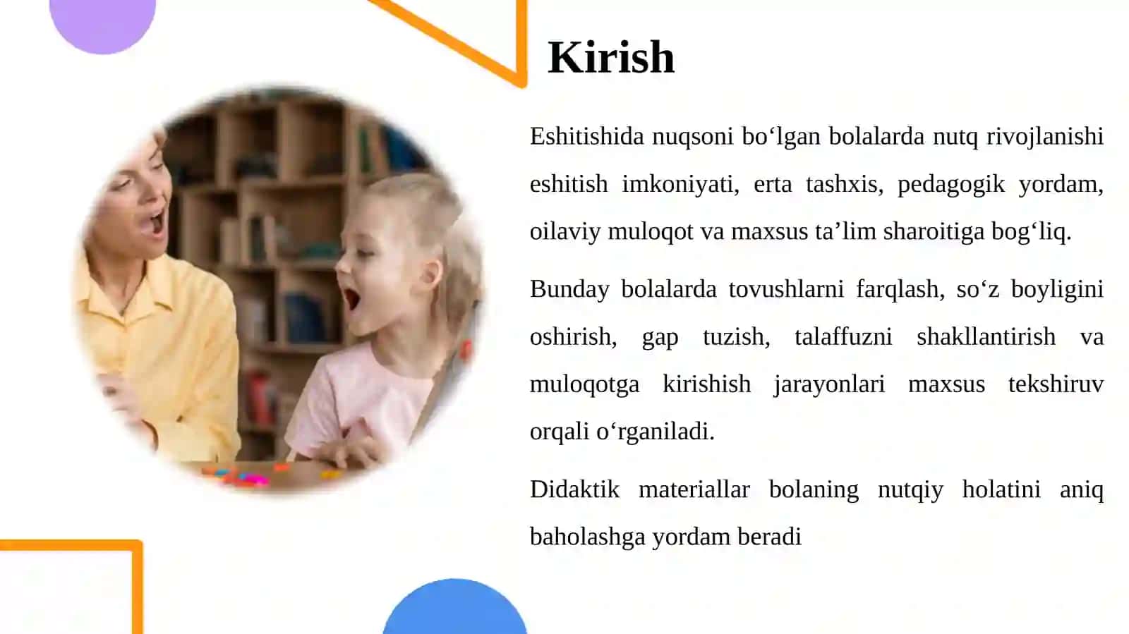 Eshitishida nuqsoni bo‘lgan bolalar nutq xususiyatlarini tekshirish bo‘yicha didaktik materiallar to‘plash 3