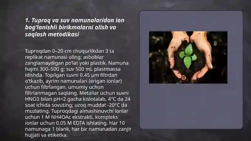 Tuproq suvning ifloslanishida ion bogʻlanishli birikmalar aniqlab ulardan tozalash gʻoyasini ishlab chiqish 3