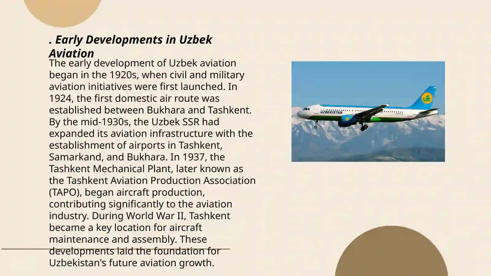 Oʻzbekistonda aviatsiya tarixi Uzbekistan airveys haqida slayd ingliz tilida 3