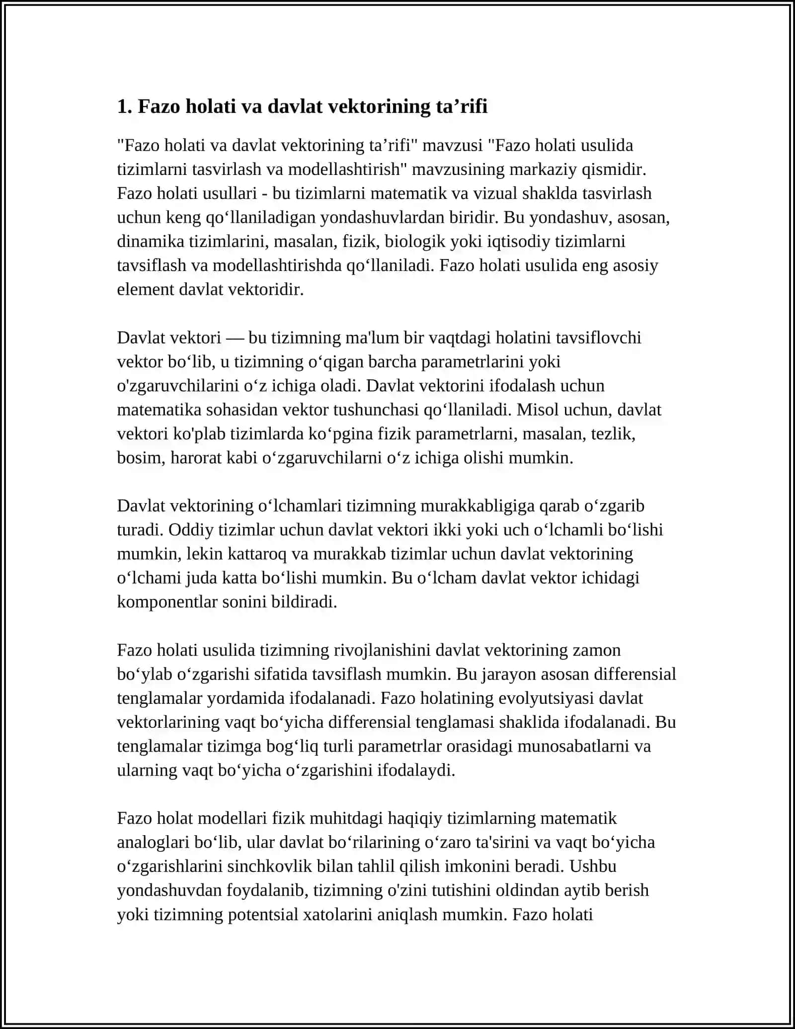 FAZO HOLATI USULIDA TIZIMLARNI TASVIRLASH VA MODELLASHTIRISH 3