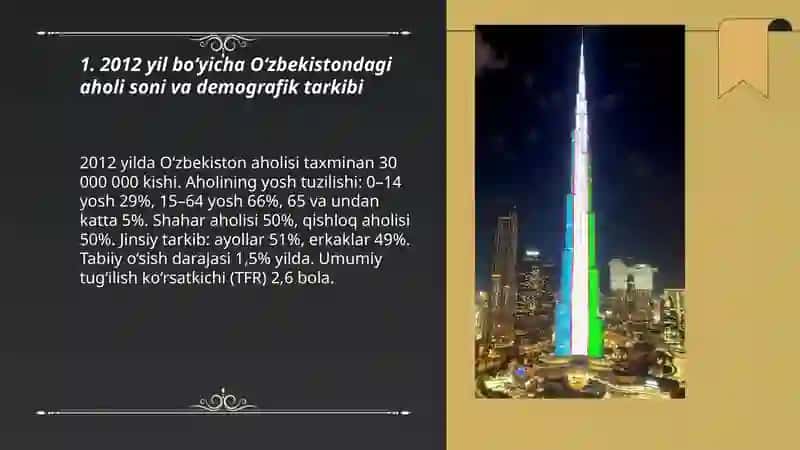 2012 yil bo‘yicha O‘zbekistondagi aholi soni va demografik tarkibi 3