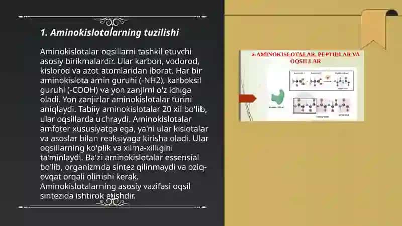 Aminokislotalar.Tuzilishi, xossalari va biologik vazifalari.Peptidlar va oqsillar.Oqsillarning fazoviy konformatsiyalari.Peptid va oqsillarning funksiyalari 3