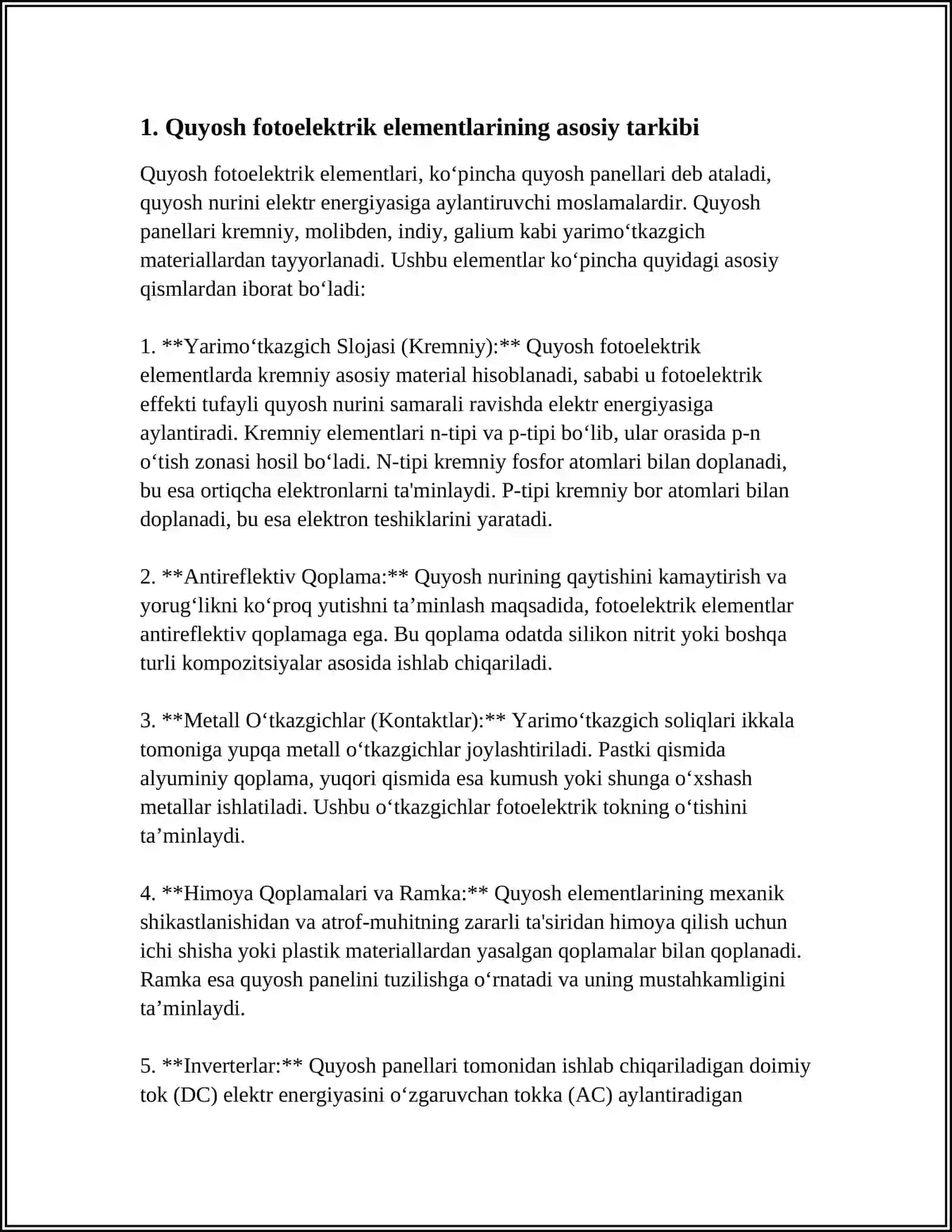 QUYOSH FOTOELEKTRIK ELEMENTLARI VA MODULLARI 3