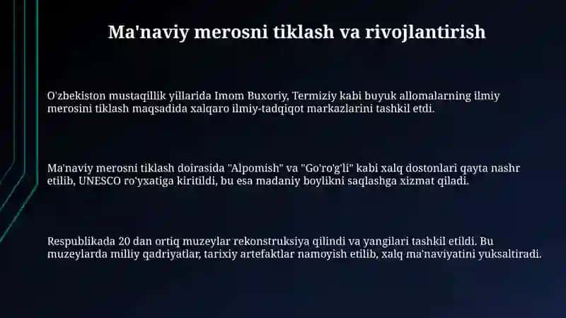 Mustaqillik yillarida O'zbekiston Respublikasidagi ma'naviy marifiy sohasidagi islohotlar 3