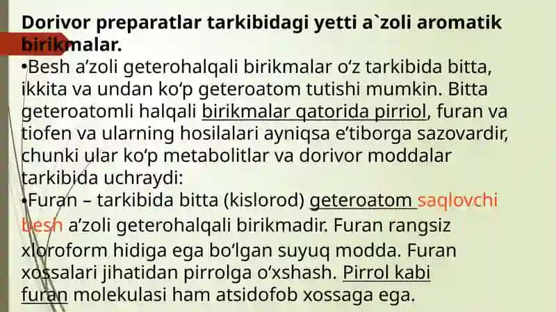 Kraun efirlar – dori vositalari sifatida .Dorivor preparatlar tarkibidagi yetti a’zoli aromatik birikmalar 3
