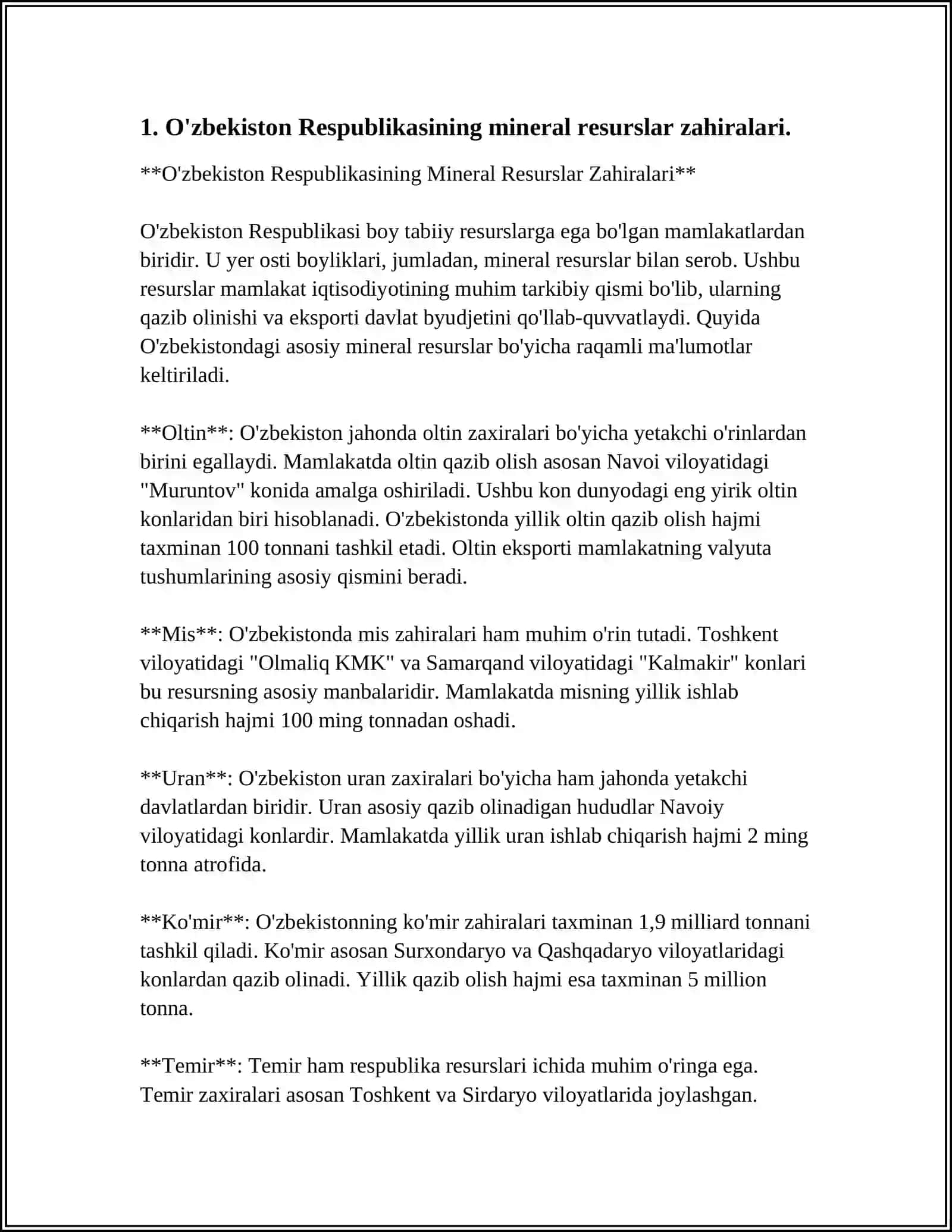 O'zbekiston Respublikasining Mineral Resurslar Zahiralari 3