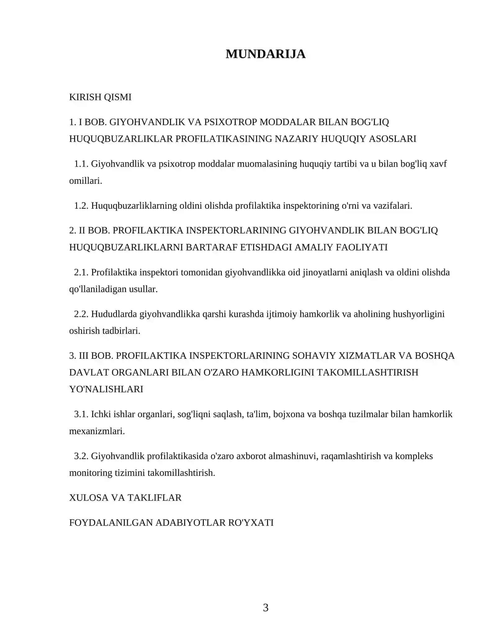 Profilaktika inspektorining giyohvandlik vositalari va psixotrop moddalarning g'ayriqonuniy muomalasi bilan bog'liq huquqbuzarliklarning profilatikasida sohaviy xizmatlar va boshqa davlat organlari bilan o'zaro hamkorligini takomillashtirish 3