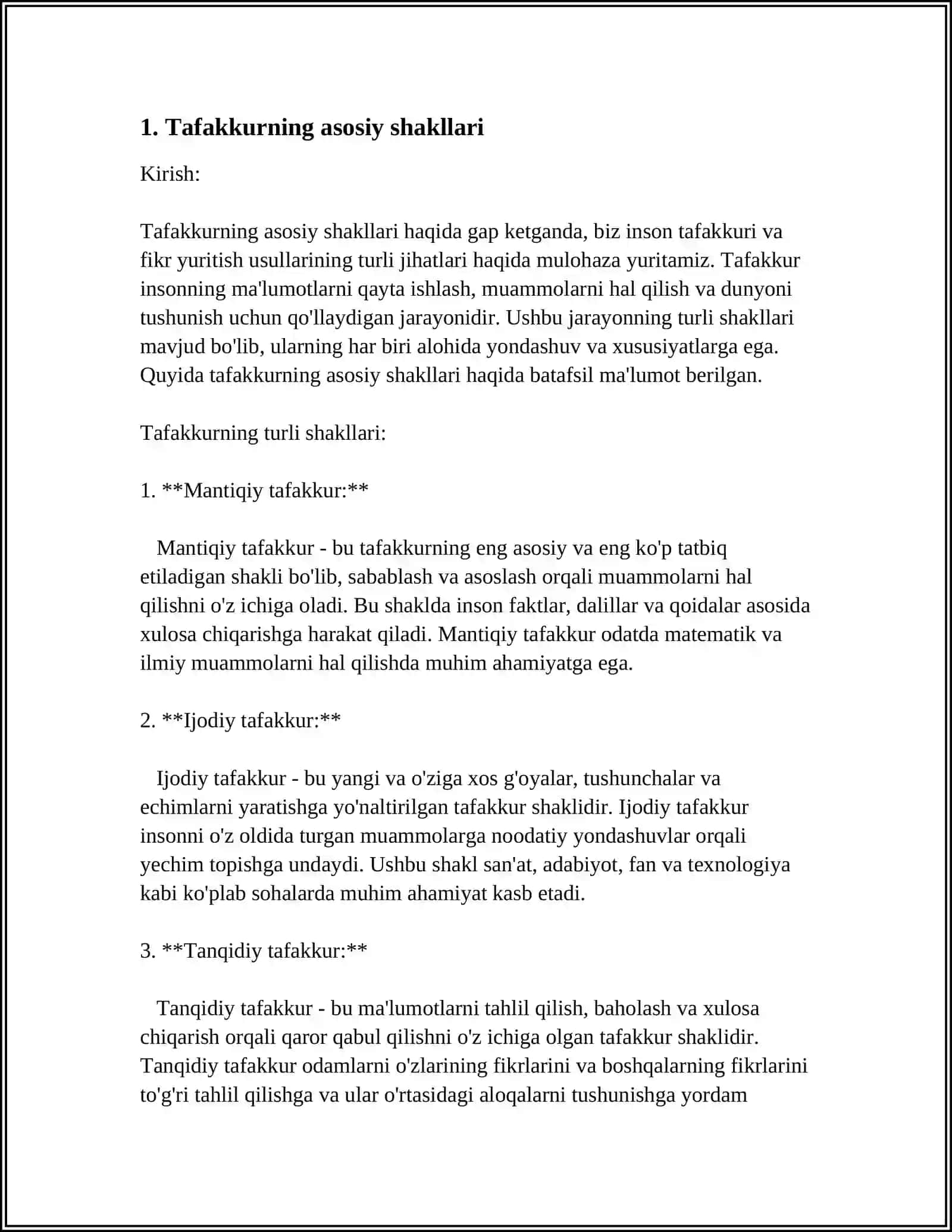 MUSTAQIL ISH Mavzu: TAFAKKURNING MANTIQIY SHAKLLARI VA QONUNLARI 3