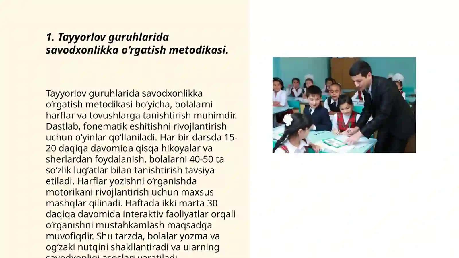 Tayyorlov guruhlarda savodxonlikka oʻrgatish taʼlimiy faoliyati va didaktik materiallar mazmunini takomillashtirish hamda ulardan samarali foydalanishni yoʻlga qoʻyish 3