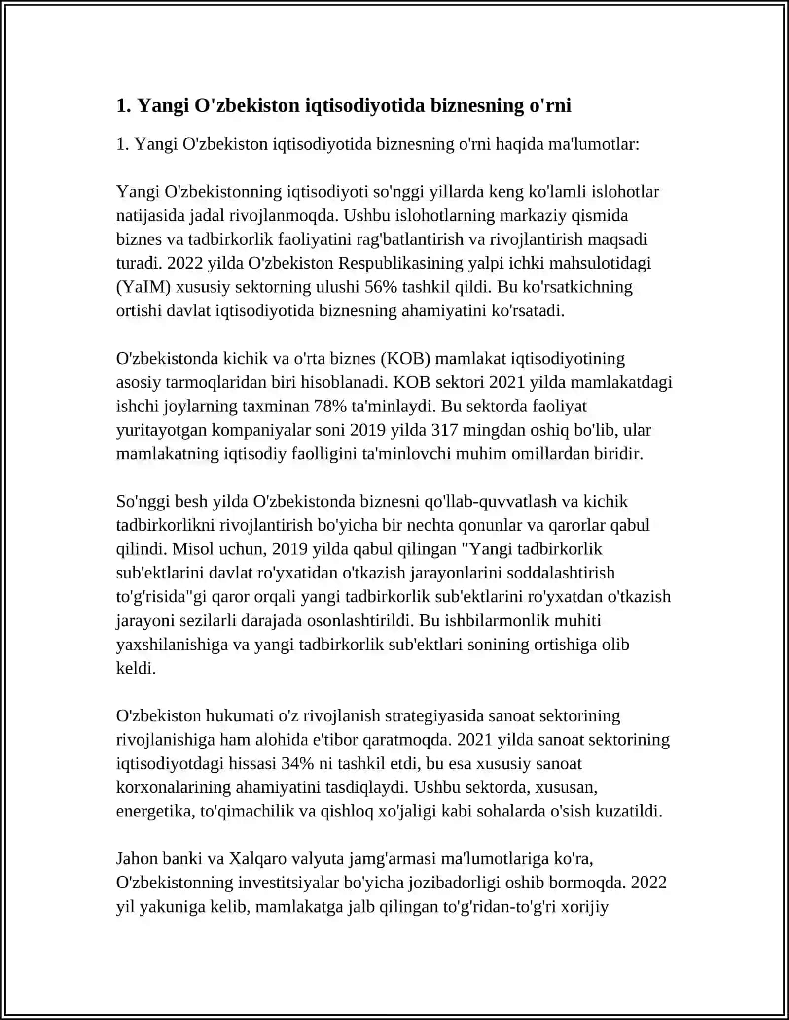 YANGI O’ZBEKISTON IQTISODIYOTIDA BEZNESNING O’RNI 3