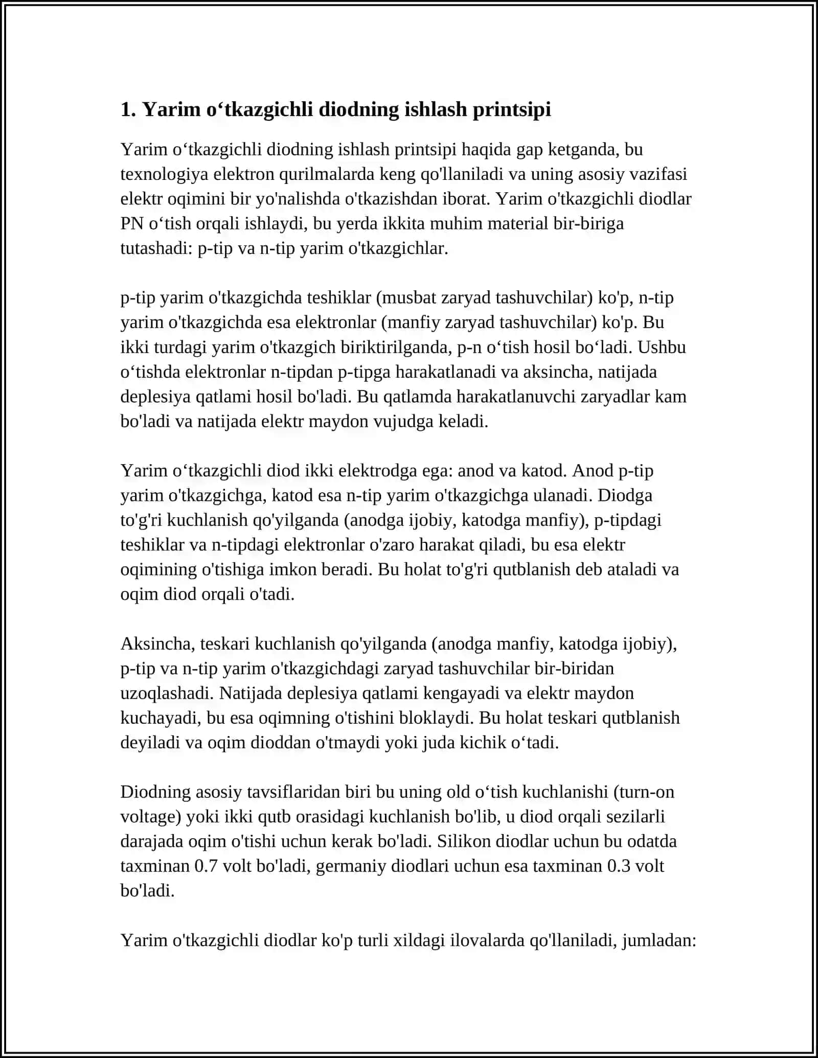 YARIM OʻTKAZGICHLI DIODNING VOLT AMPERMETR XARAKTERISTIKASINI TADQIQOT QILISH 3