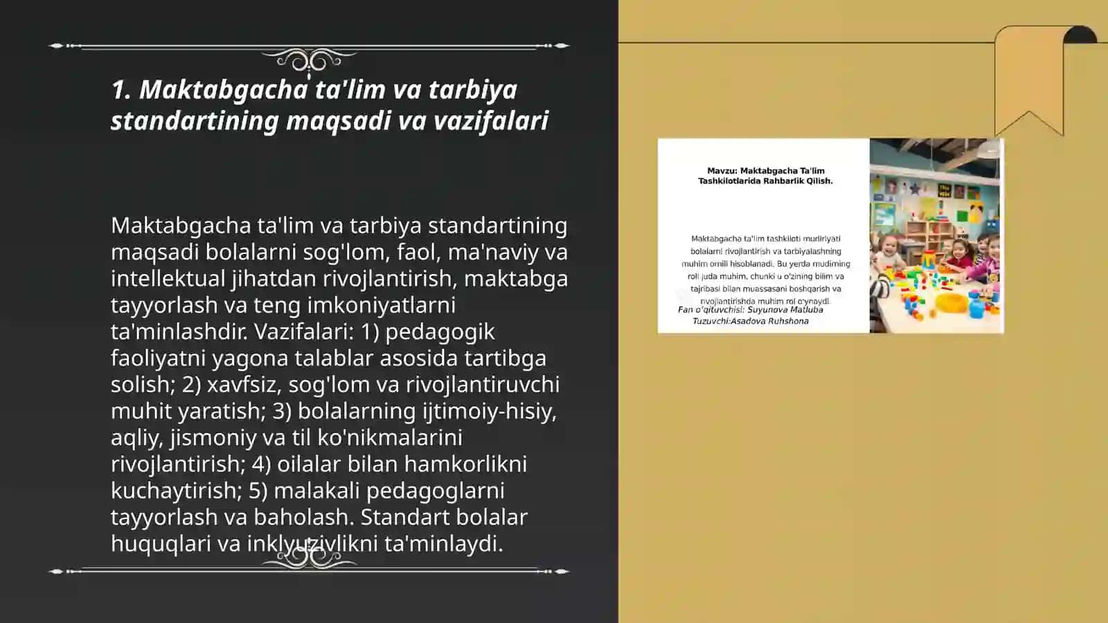 Maktabgacha ta'lim va tarbiya standarti va undagi rivojlantiruvchi muhitni tashkil etishga qo'yiladigan talablar bo'yicha taqdimot yaratish 3