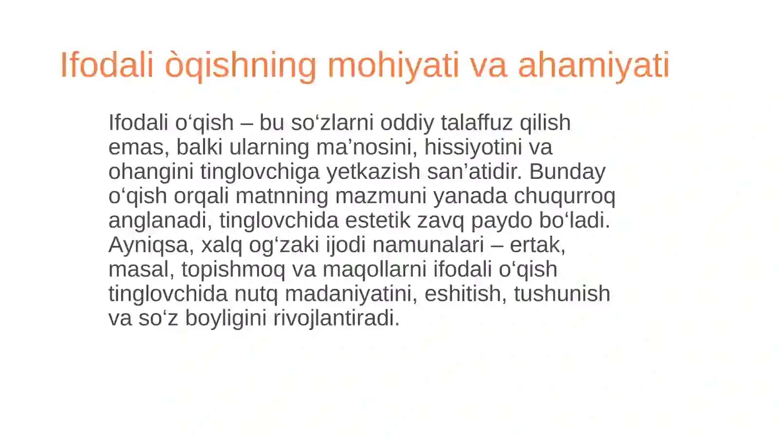 ERTAK,MASAL,TOPISHMOQ,MAQOLLARNI IFODALI ÒQISHDA OHANGDORLIK VA RITM 3