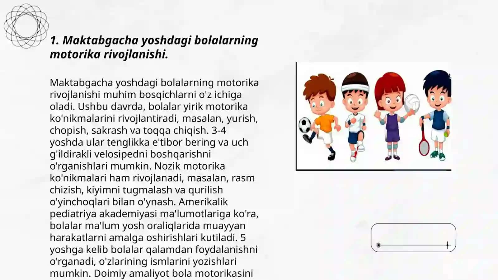 Maktabgacha 3-7 yoshdagi bolalarning rivojlanishining ôziga xos xususiyatlari va jismoniy rivojlanish xaritasi 3