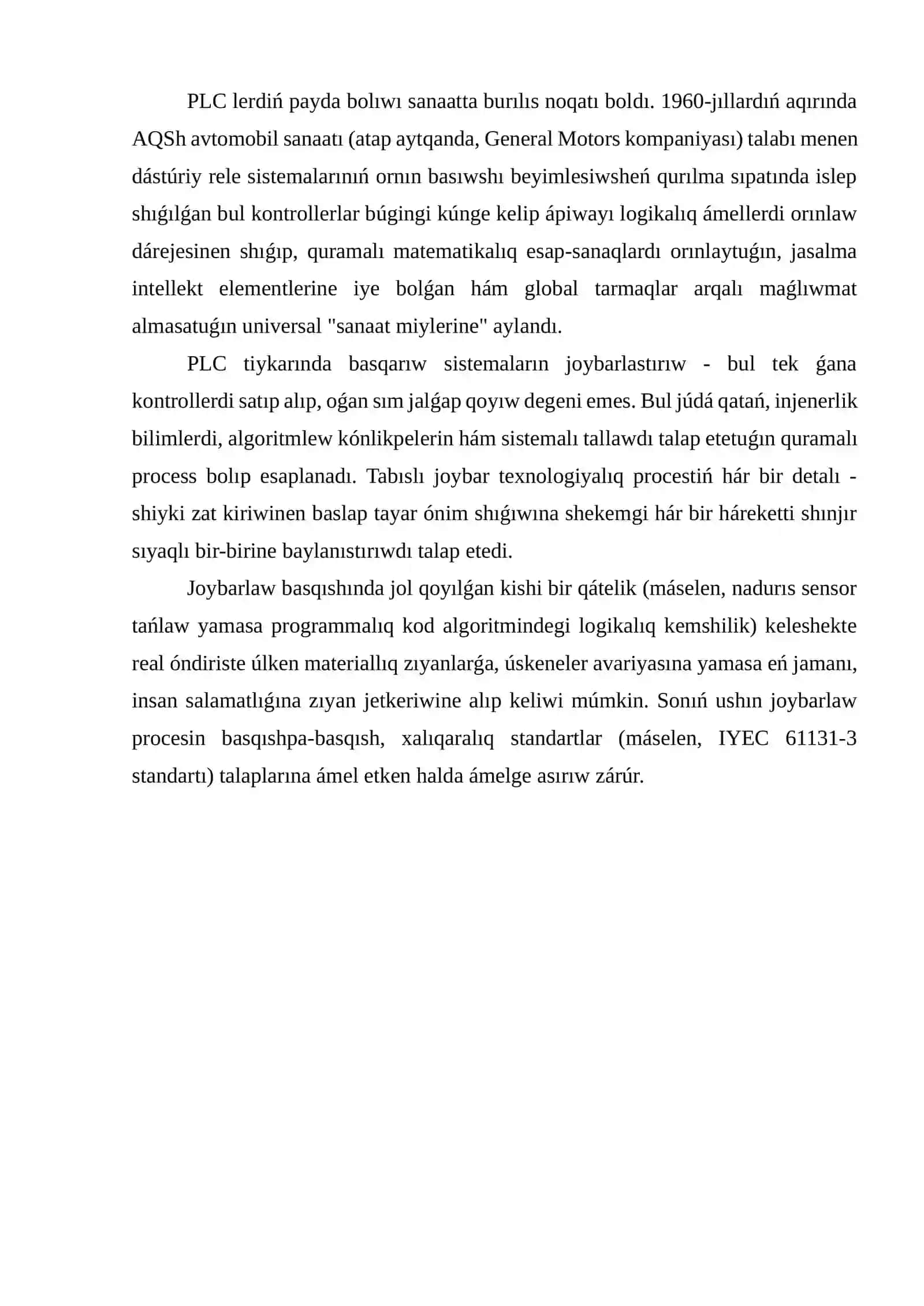 PLC kontrollerları tiykarında texnologiyalıq processlerdi basqarıw sistemaların joybarlaw 3