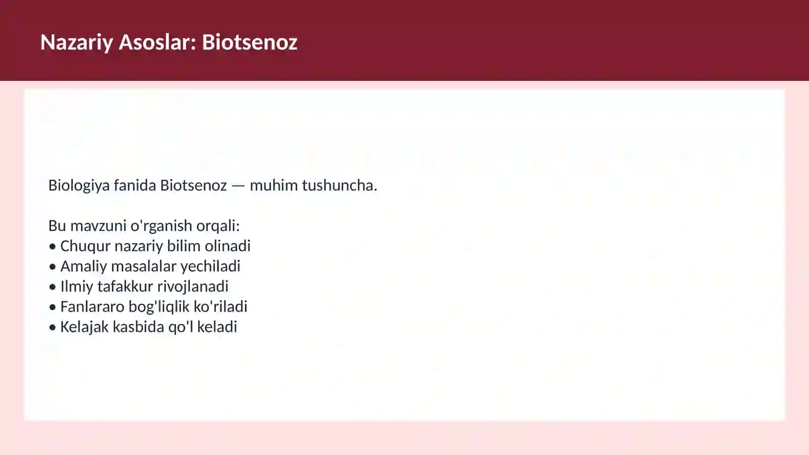 BIOLOGIYA Ekologiya O'qituvchilar va talabalar uchun dars ishlanma 3