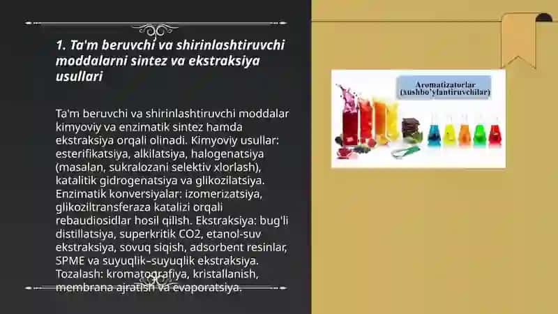 Oziqa buyoqlari tam beruvchi va shirinlashtiruvchi moddalar ishlab chiqarish twxnologiyasi 3
