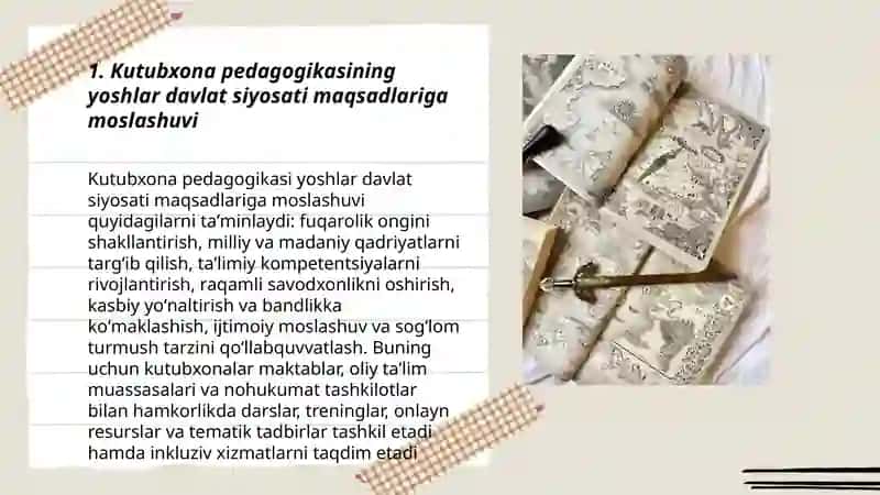 Kutubxona pedagogikasi: Yoshlarga oid davlat siyosati bilan bogʻliqligi oʻziga xos xususiyatlari 3