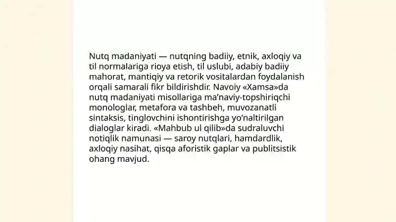 Alisher Navoiy ijodida nutq madaniyati va notiqlik sanʼati masalalari talqini: "Xamsa","Mahbub ul qilib" asarlari misolida 3