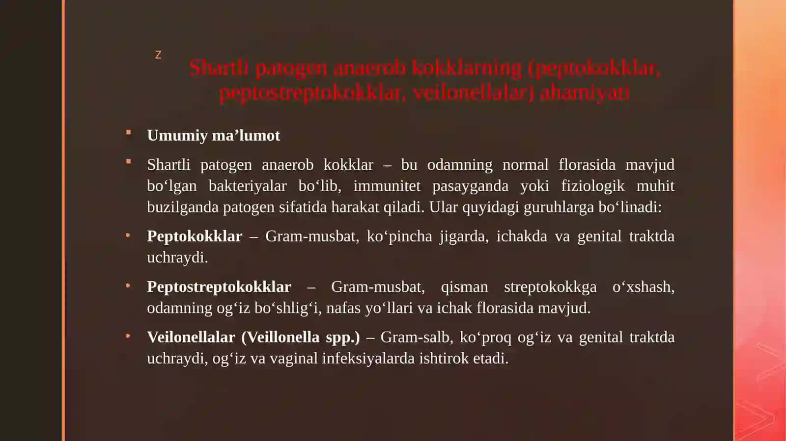 Shartli patogen anaerob kokklarni (peptokokklar, peptostreptokokklar, veylonellalalar) hirurgik va ginekologik kasalliklardagi ahamiyati. Qandli diabetda uchraydigan infeksiyalar, patogenez va laboratoriya tashhisi. 3