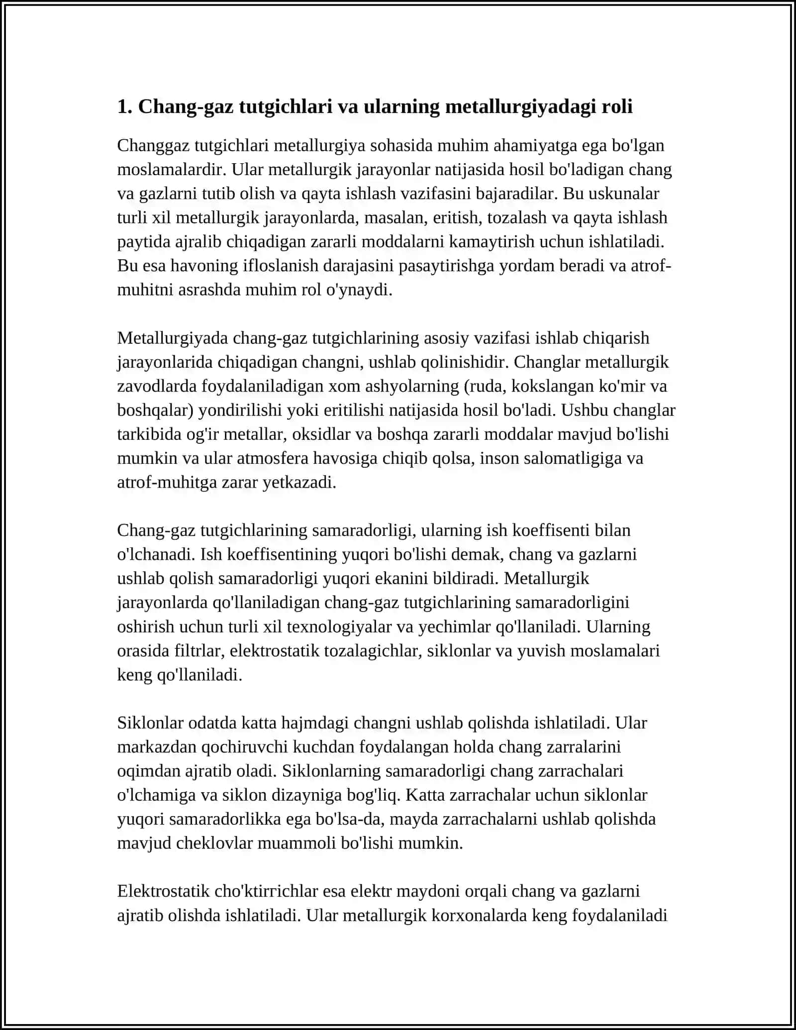 METALLURGIYA SOHASIDA CHANG GAZ TUTGICHLARNING ISH KOEFFISIYENTI HAQIDA MA’LUMOT VA HISOBLASHLAR 3