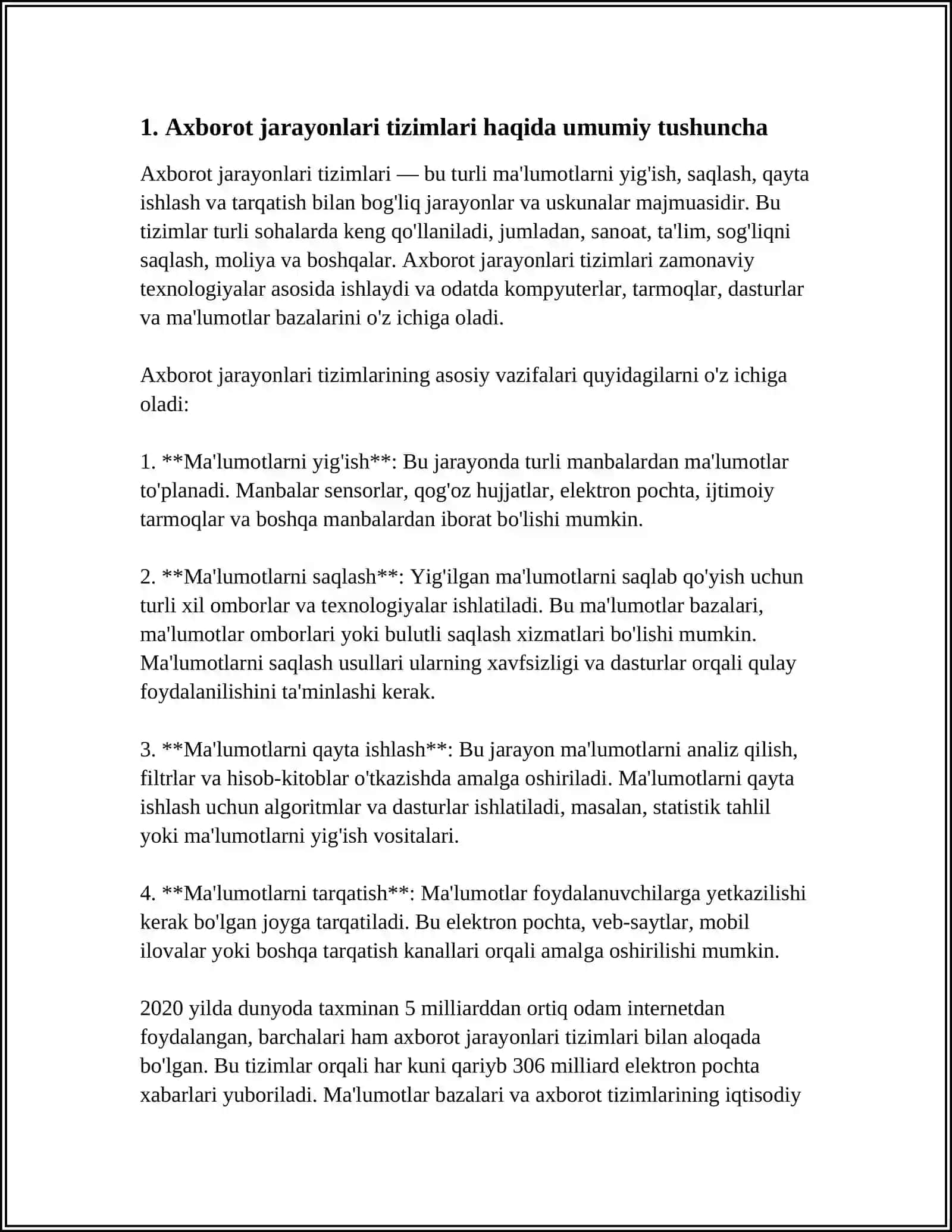 AXBOROT JARAYONLARI VA TIZIMLARI, TEXNOLOGIYALARINING O‘RNI VA IMKONIYATLARI, FANNING PREDMETI, MAQSADI VA VAZIFALARI 3