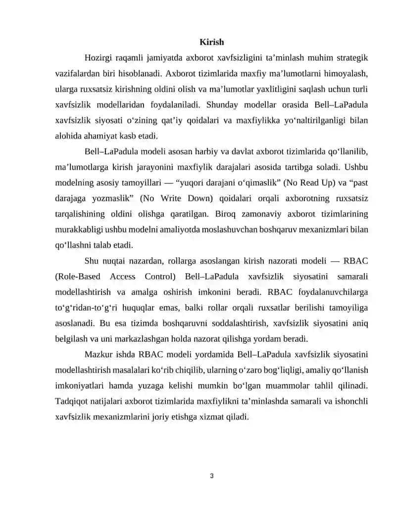 RBAC yordamida Bell–LaPadula xavfsizlik siyosatini modellashtirish” 3